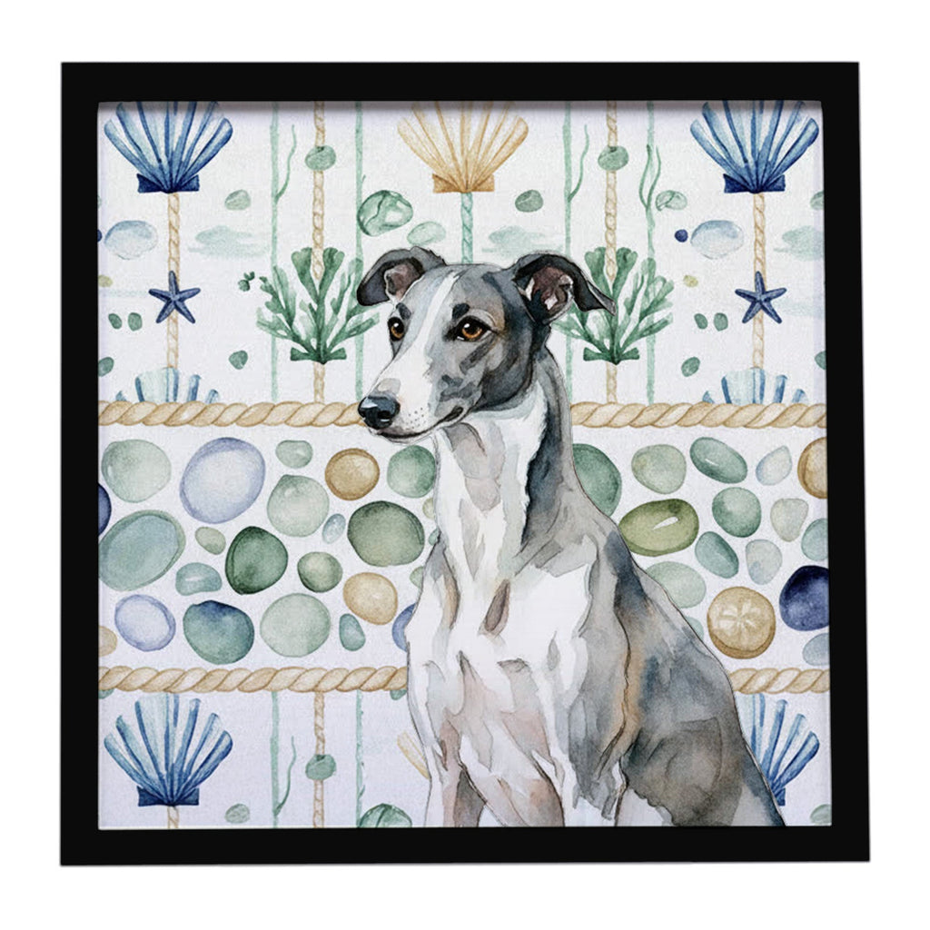 Black and White Greyhound Coastal Sea Glass Framed Metal Print Bathroom, Kitchen, Office, Home Decor Wall Art Ready to Hang, Square, 8X8