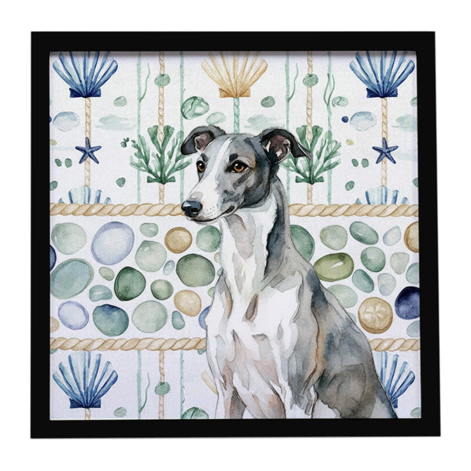 Black and White Greyhound Coastal Sea Glass Framed Metal Print Bathroom, Kitchen, Office, Home Decor Wall Art Ready to Hang, Square, 8X8
