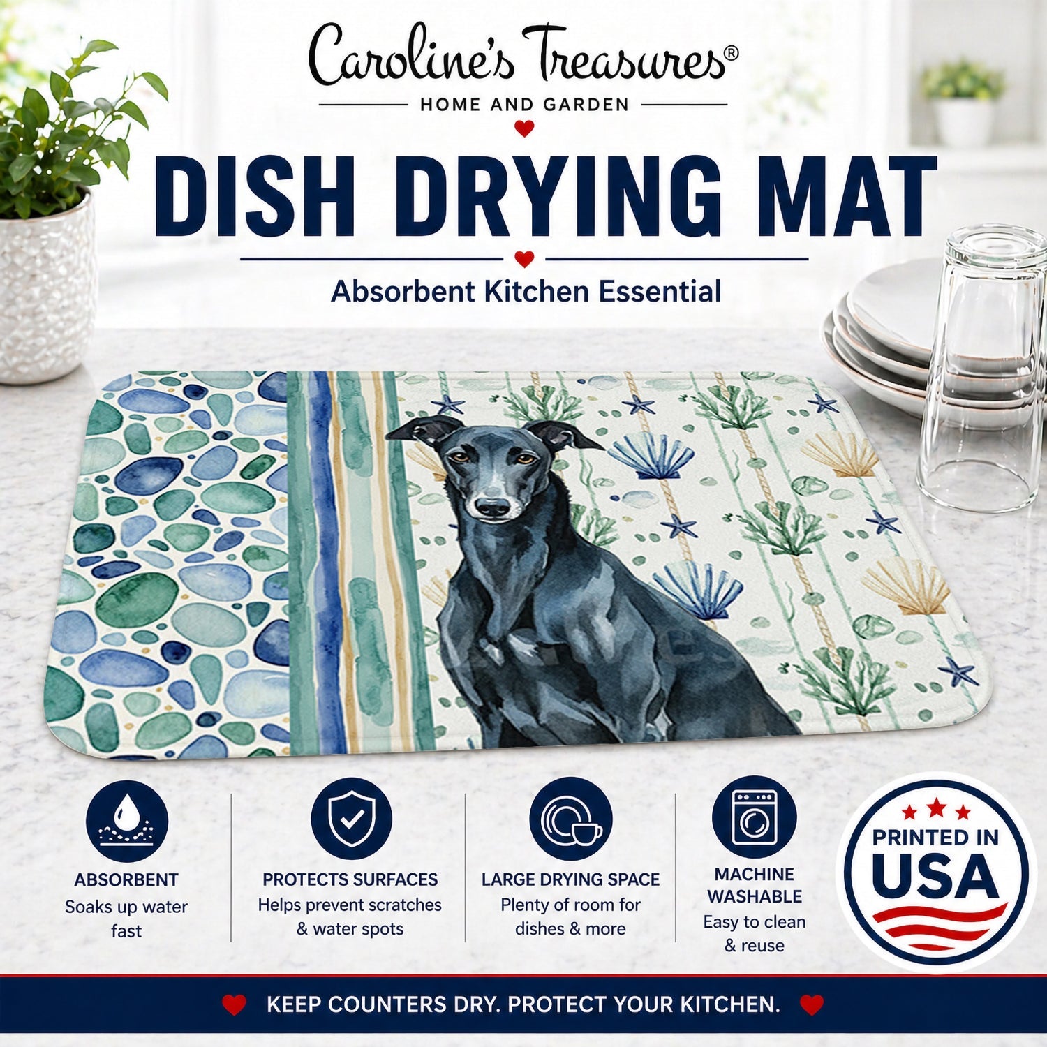 Black Greyhound Coastal Sea Glass Dish Drying Mat Absorbent Dish Drying Mat Pad for Kitchen Counter Dish Drainer Mat for Countertop, 14 x 21", Multicolor