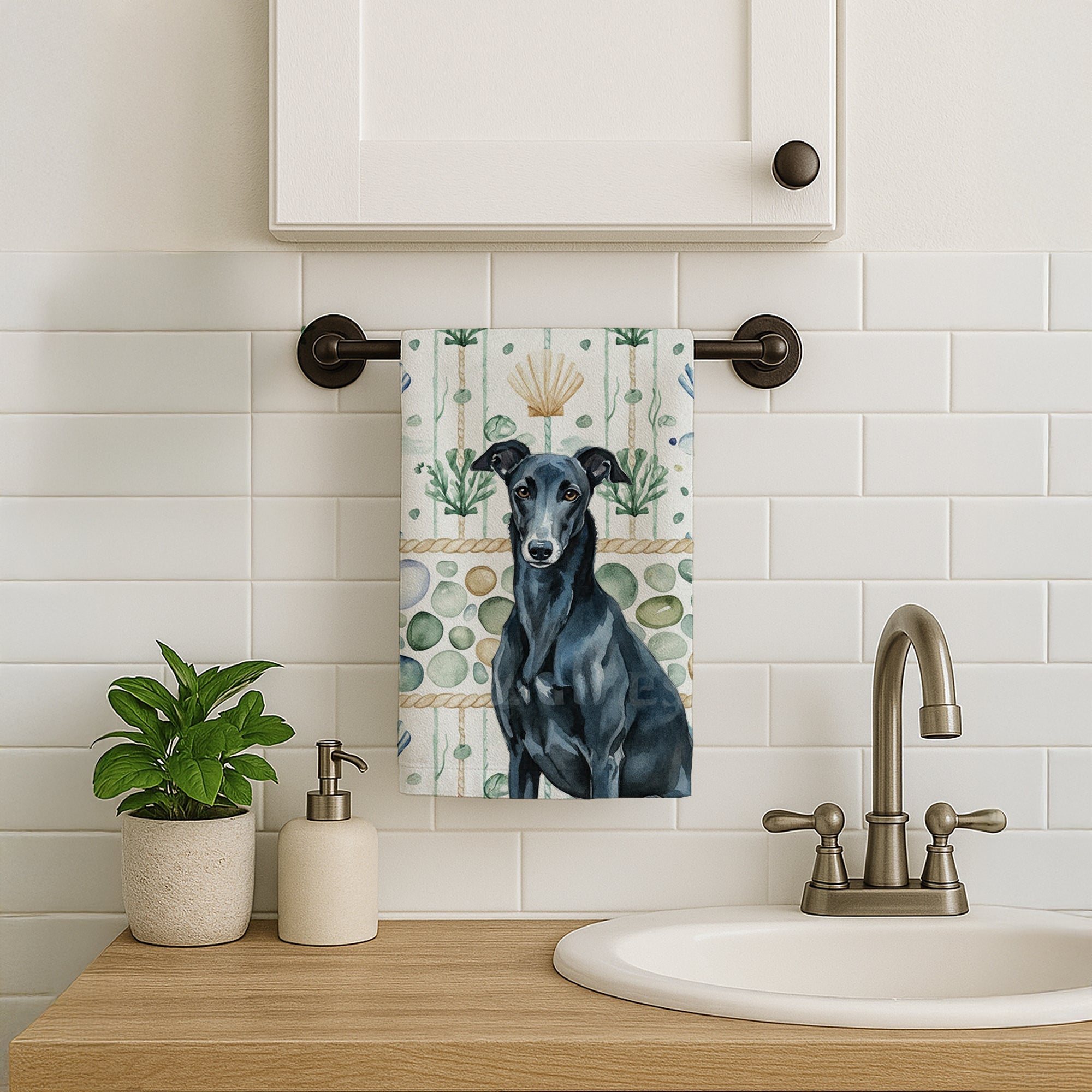 Black Greyhound Coastal Sea Glass Kitchen Towel Velour Plush Front and Cotton Loop Back Machine Washable