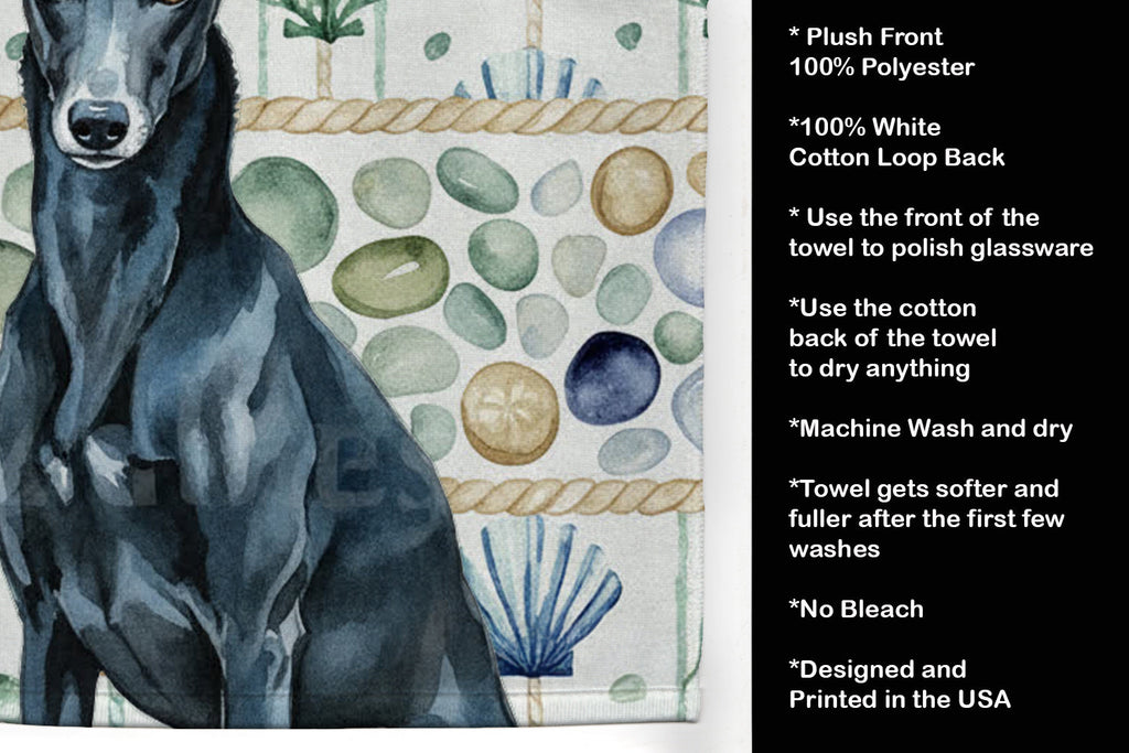 Black Greyhound Coastal Sea Glass Kitchen Towel Velour Plush Front and Cotton Loop Back Machine Washable
