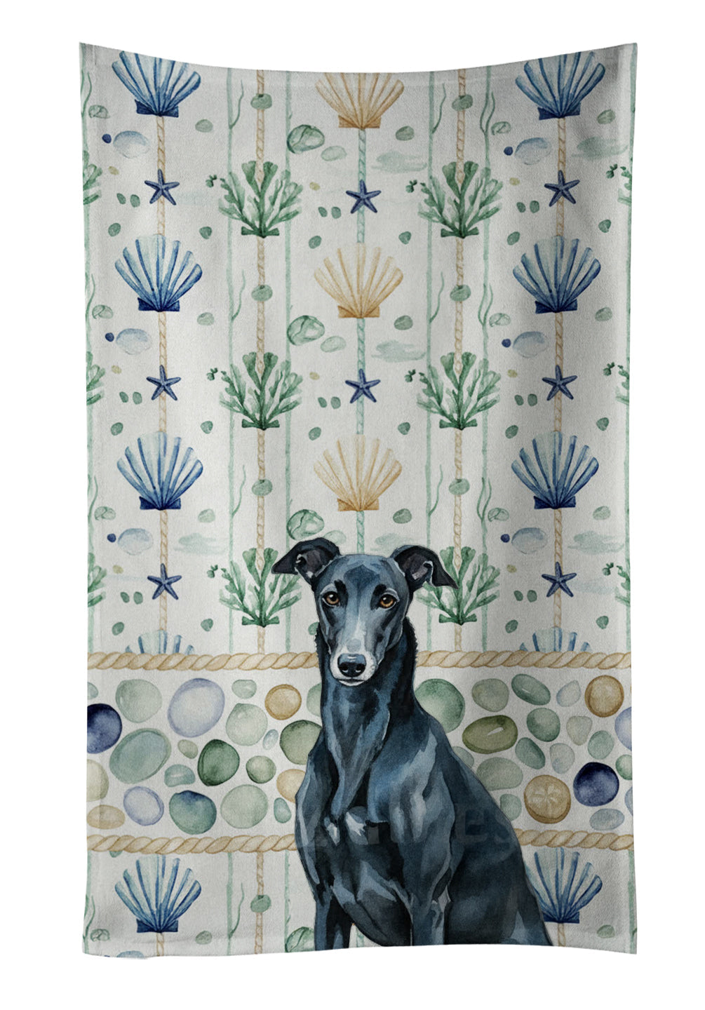 Black Greyhound Coastal Sea Glass Kitchen Towel Velour Plush Front and Cotton Loop Back Machine Washable