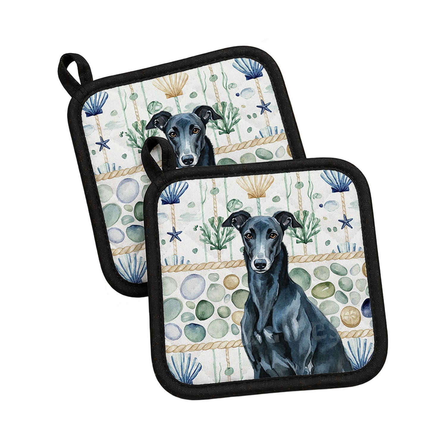 Black Greyhound Coastal Sea Glass Pot Holder Set of 2 Heat Resistant Quilted Hot Pads 7.5 x 7.5 Inch, Insulated Kitchen Trivets for Cooking & Baking