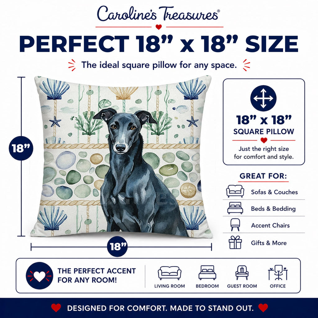 Black Greyhound Coastal Sea Glass Decorative Throw Pillow 18x18 Indoor Outdoor Accent Cushion, Fabric Cover with Insert for Sofa, Bed, Porch & Living Room
