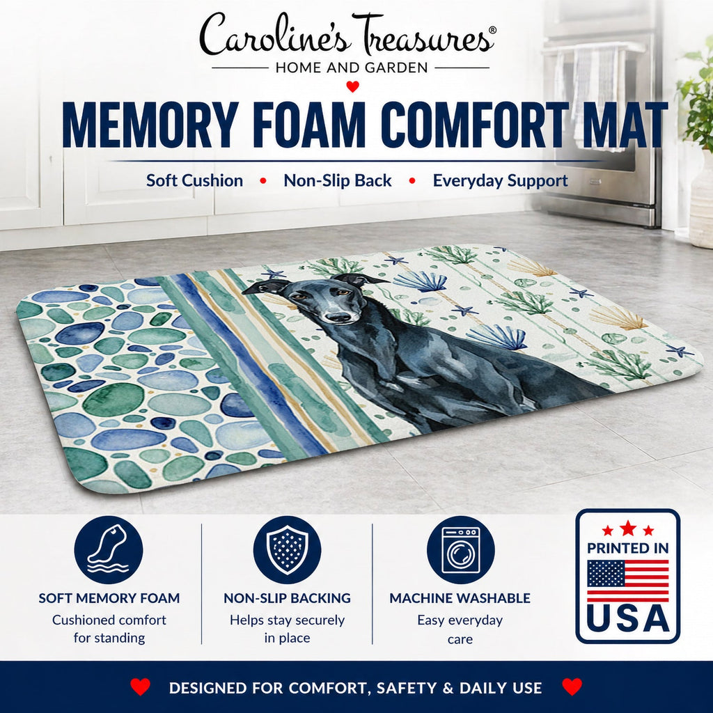 Black Greyhound Coastal Sea Glass Memory Foam Kitchen Mat Machine Washable Anti-Fatigue Cushion Comfort Bath or Kitchen Rug