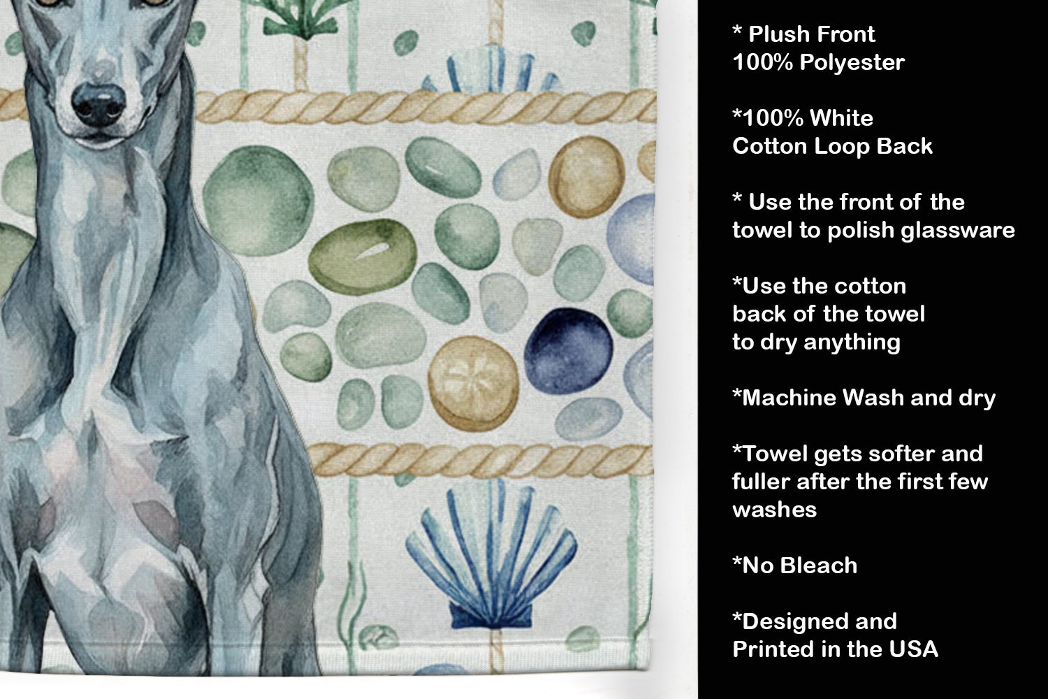 Blue Brindle Greyhound Coastal Sea Glass Kitchen Towel Velour Plush Front and Cotton Loop Back Machine Washable