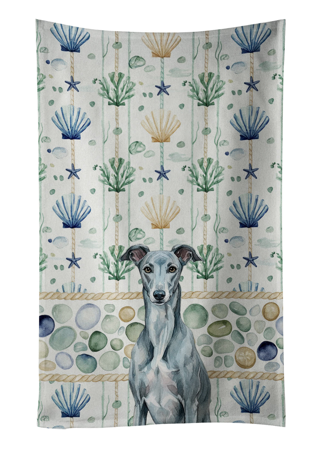 Blue Brindle Greyhound Coastal Sea Glass Kitchen Towel Velour Plush Front and Cotton Loop Back Machine Washable