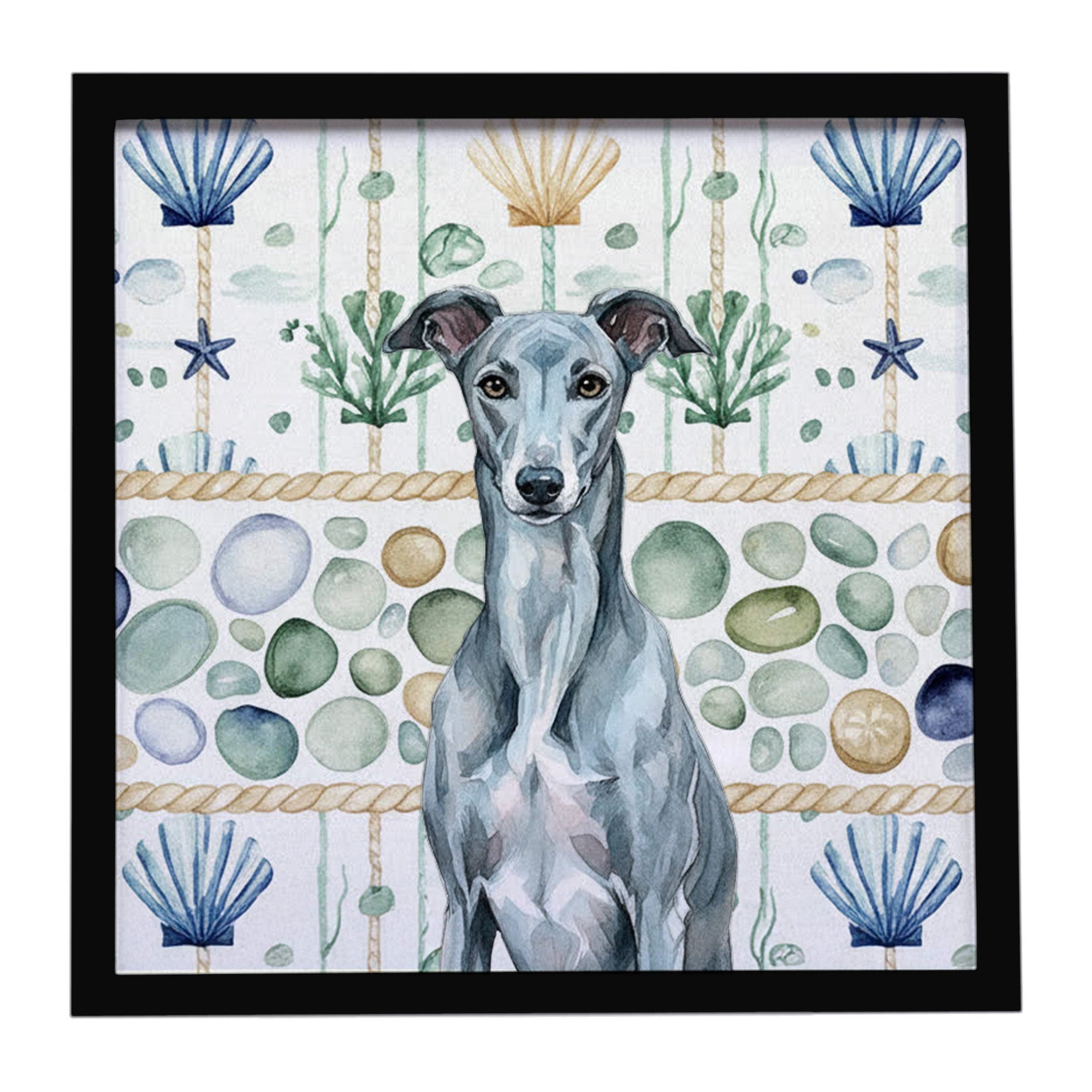Blue Brindle Greyhound Coastal Sea Glass Framed Metal Print Bathroom, Kitchen, Office, Home Decor Wall Art Ready to Hang, Square, 8X8