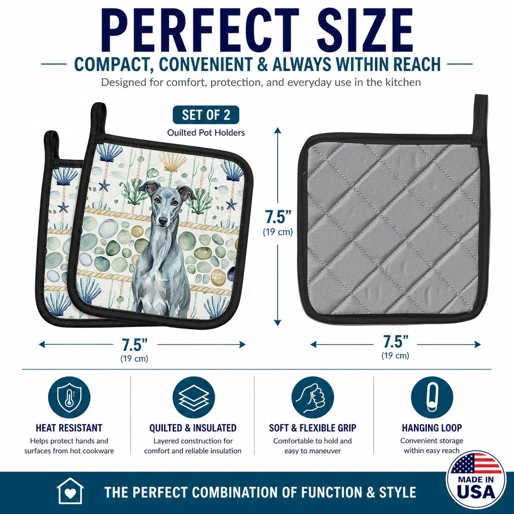 Blue Brindle Greyhound Coastal Sea Glass Pot Holder Set of 2 Heat Resistant Quilted Hot Pads 7.5 x 7.5 Inch, Insulated Kitchen Trivets for Cooking & Baking