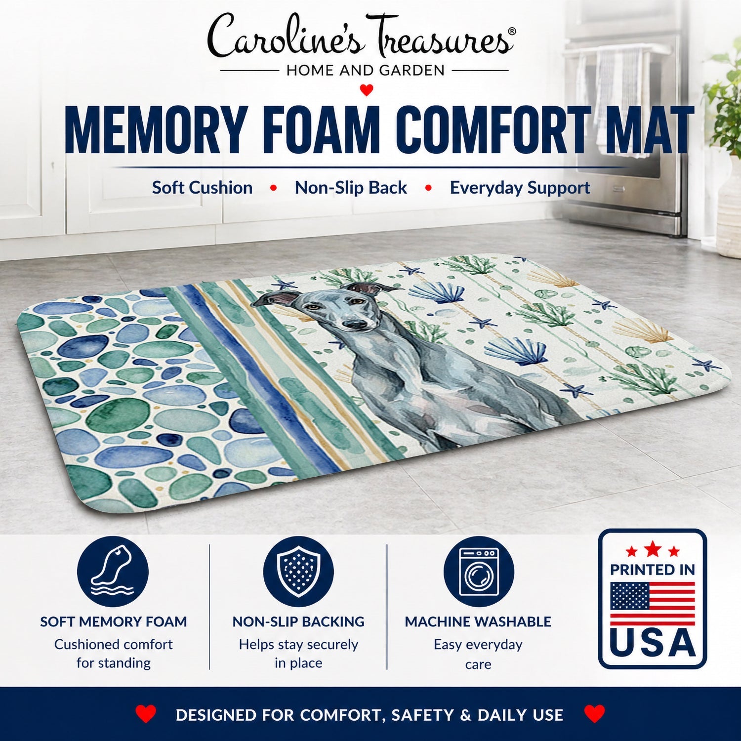 Blue Brindle Greyhound Coastal Sea Glass Memory Foam Kitchen Mat Machine Washable Anti-Fatigue Cushion Comfort Bath or Kitchen Rug