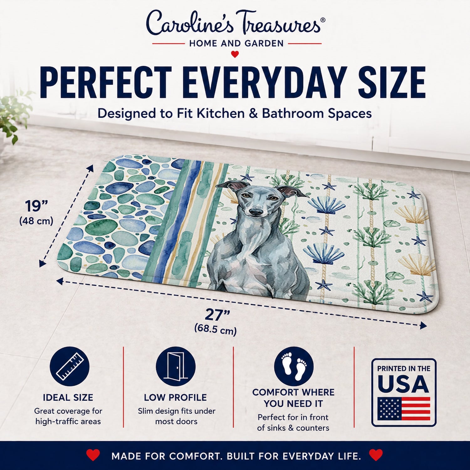 Blue Brindle Greyhound Coastal Sea Glass Memory Foam Kitchen Mat Machine Washable Anti-Fatigue Cushion Comfort Bath or Kitchen Rug