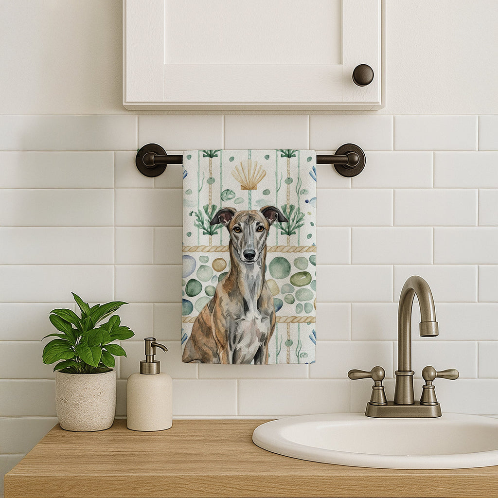 Brindle Greyhound Coastal Sea Glass Kitchen Towel Velour Plush Front and Cotton Loop Back Machine Washable