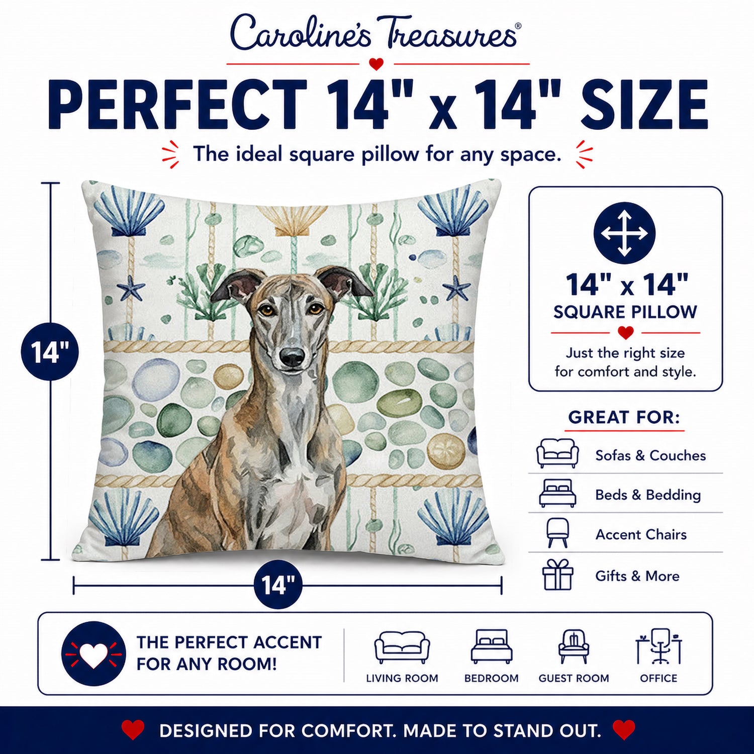 Brindle Greyhound Coastal Sea Glass Decorative Throw Pillow 14x14 Indoor Outdoor Accent Cushion, Fabric Cover with Insert for Sofa, Bed, Porch & Living Room
