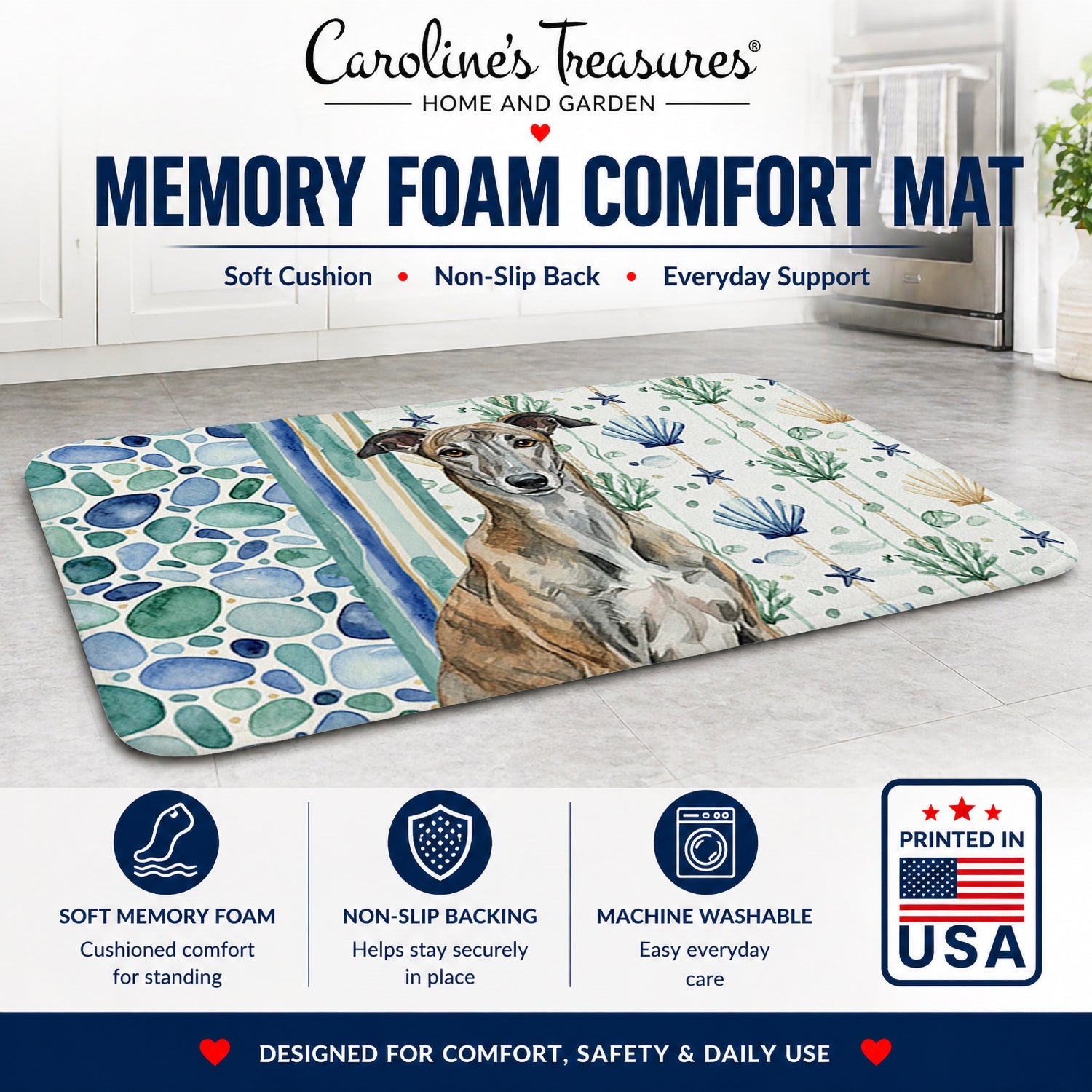 Brindle Greyhound Coastal Sea Glass Memory Foam Kitchen Mat Machine Washable Anti-Fatigue Cushion Comfort Bath or Kitchen Rug