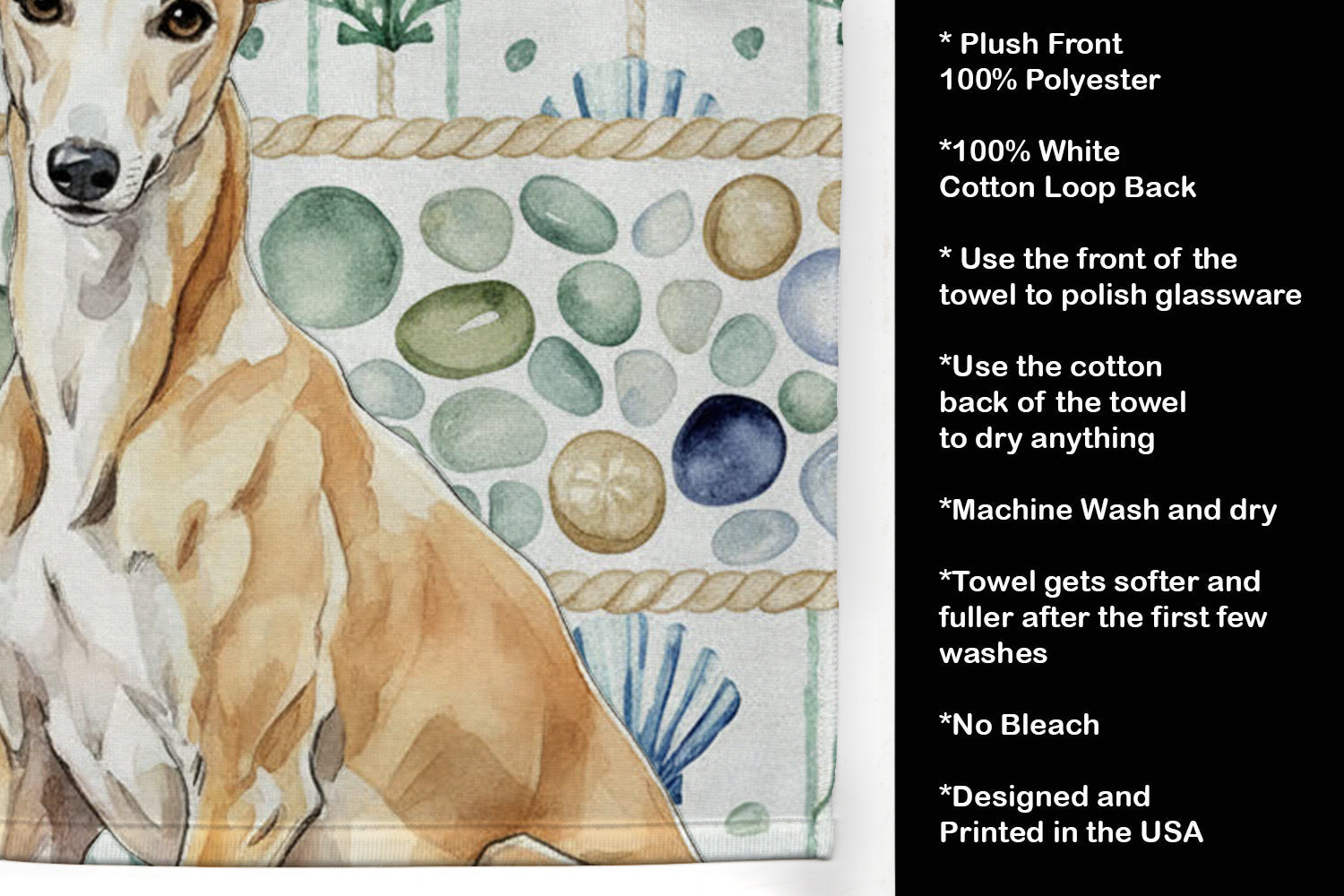 Fawn Greyhound Coastal Sea Glass Kitchen Towel Velour Plush Front and Cotton Loop Back Machine Washable