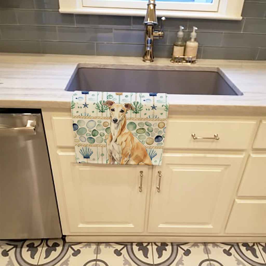 Fawn Greyhound Coastal Sea Glass Kitchen Towel Velour Plush Front and Cotton Loop Back Machine Washable