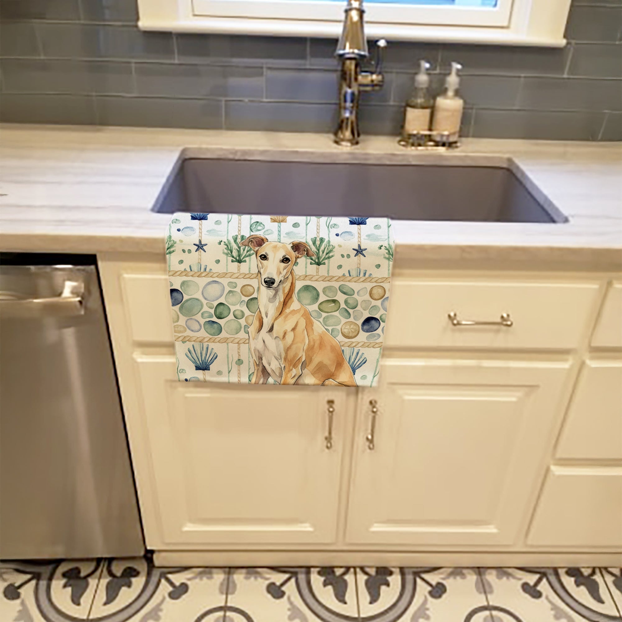 Fawn Greyhound Coastal Sea Glass Kitchen Towel Velour Plush Front and Cotton Loop Back Machine Washable