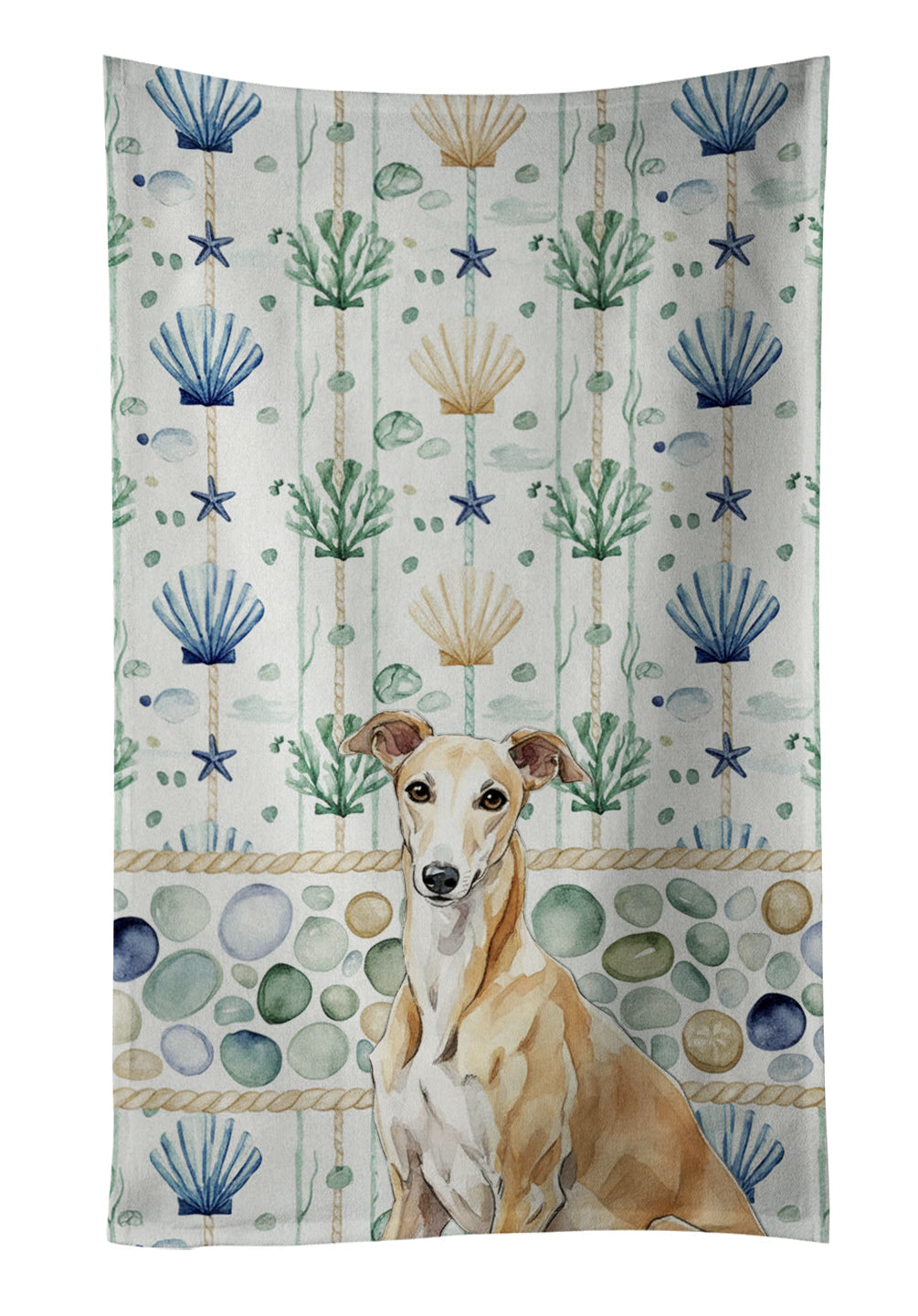 Fawn Greyhound Coastal Sea Glass Kitchen Towel Velour Plush Front and Cotton Loop Back Machine Washable