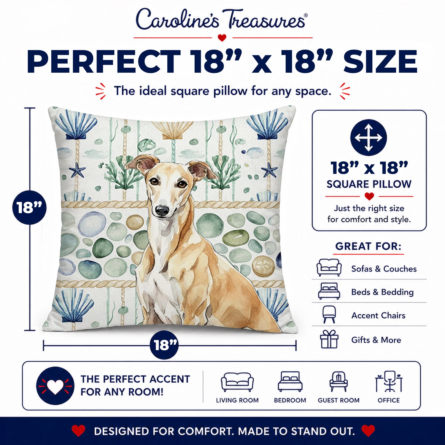 Fawn Greyhound Coastal Sea Glass Decorative Throw Pillow 18x18 Indoor Outdoor Accent Cushion, Fabric Cover with Insert for Sofa, Bed, Porch & Living Room