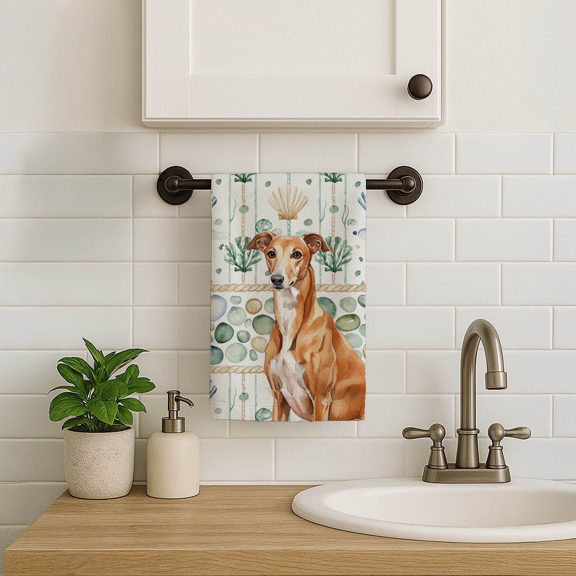 Red Greyhound Coastal Sea Glass Kitchen Towel Velour Plush Front and Cotton Loop Back Machine Washable