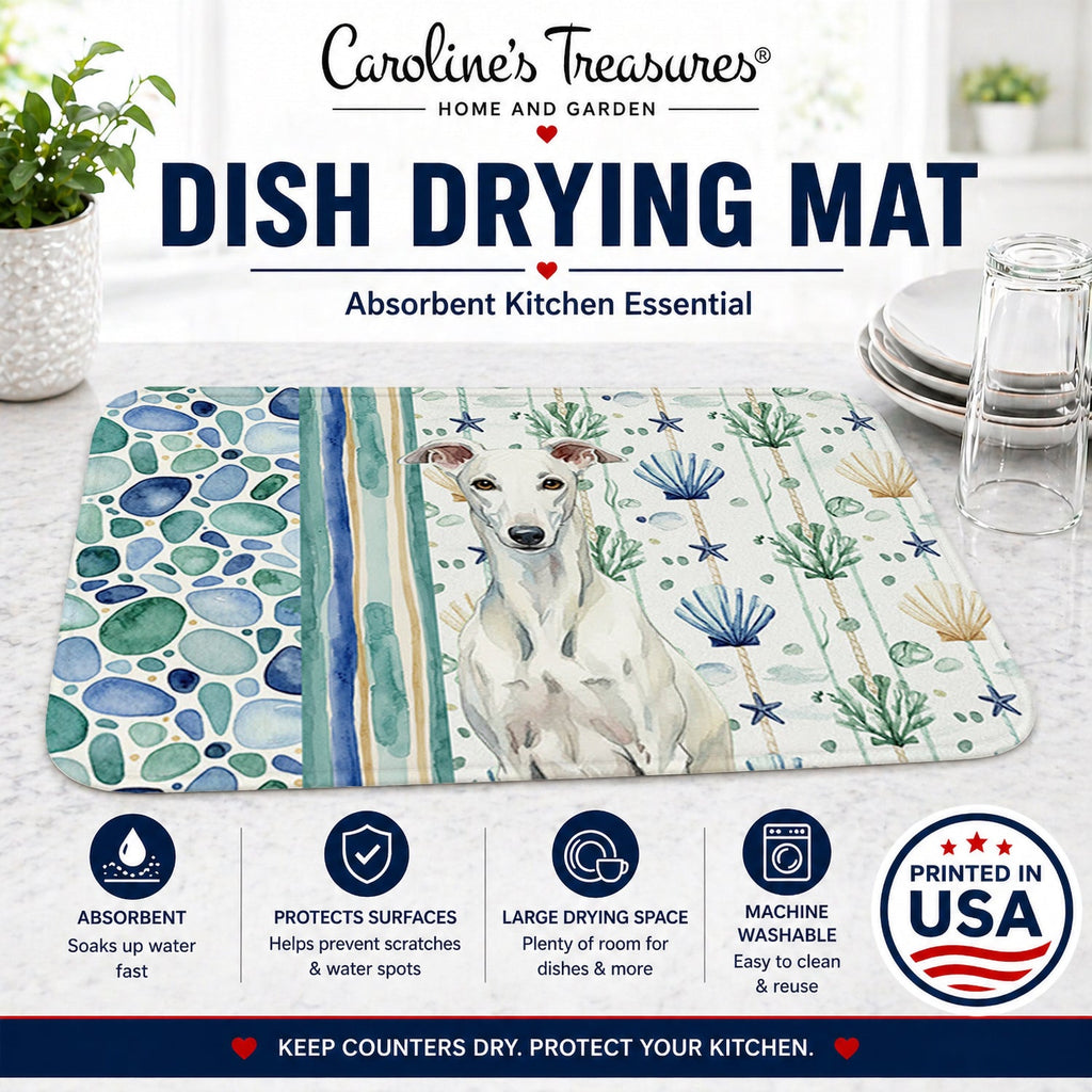 White Greyhound Coastal Sea Glass Dish Drying Mat Absorbent Dish Drying Mat Pad for Kitchen Counter Dish Drainer Mat for Countertop, 14 x 21", Multicolor