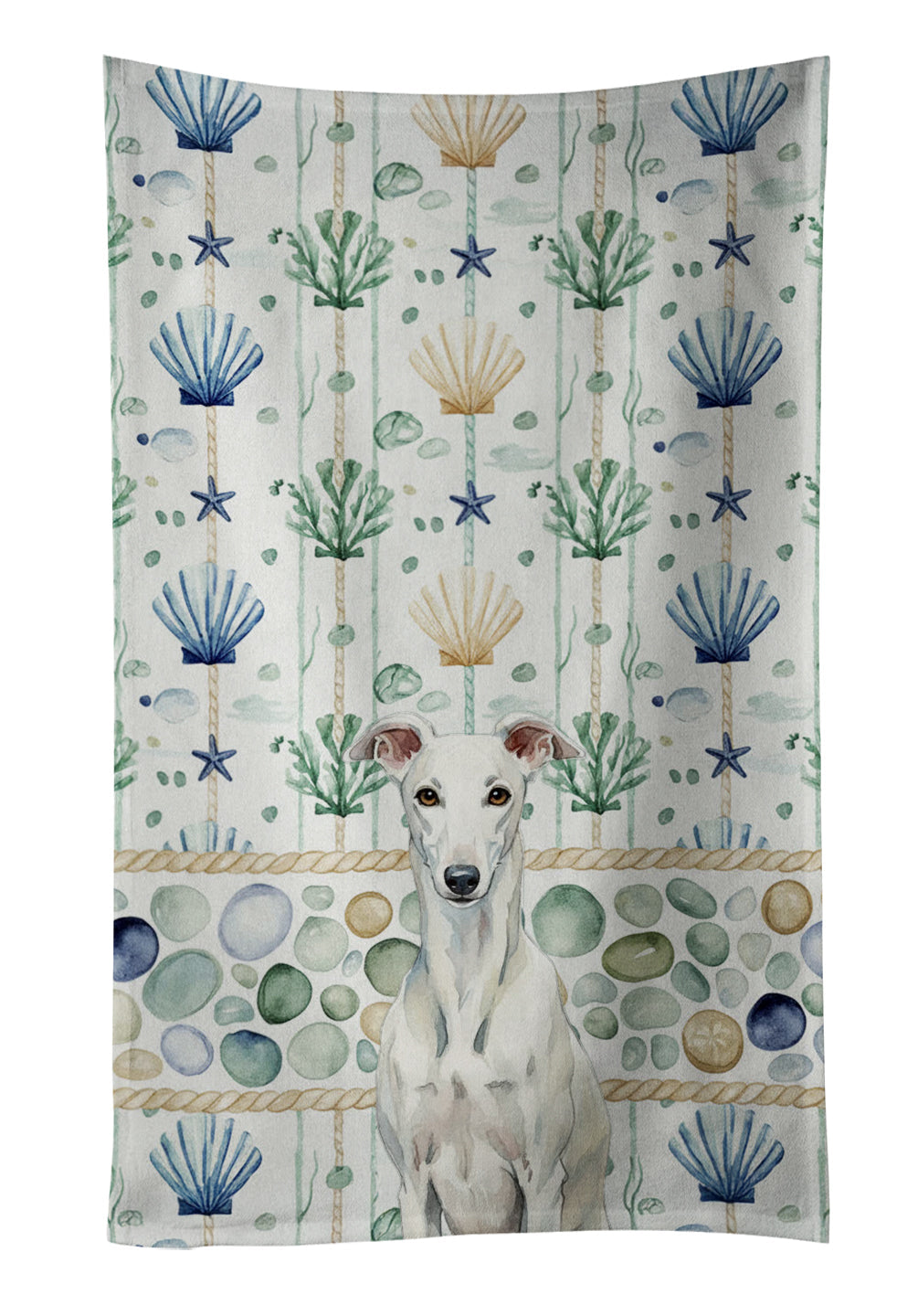 White Greyhound Coastal Sea Glass Kitchen Towel Velour Plush Front and Cotton Loop Back Machine Washable