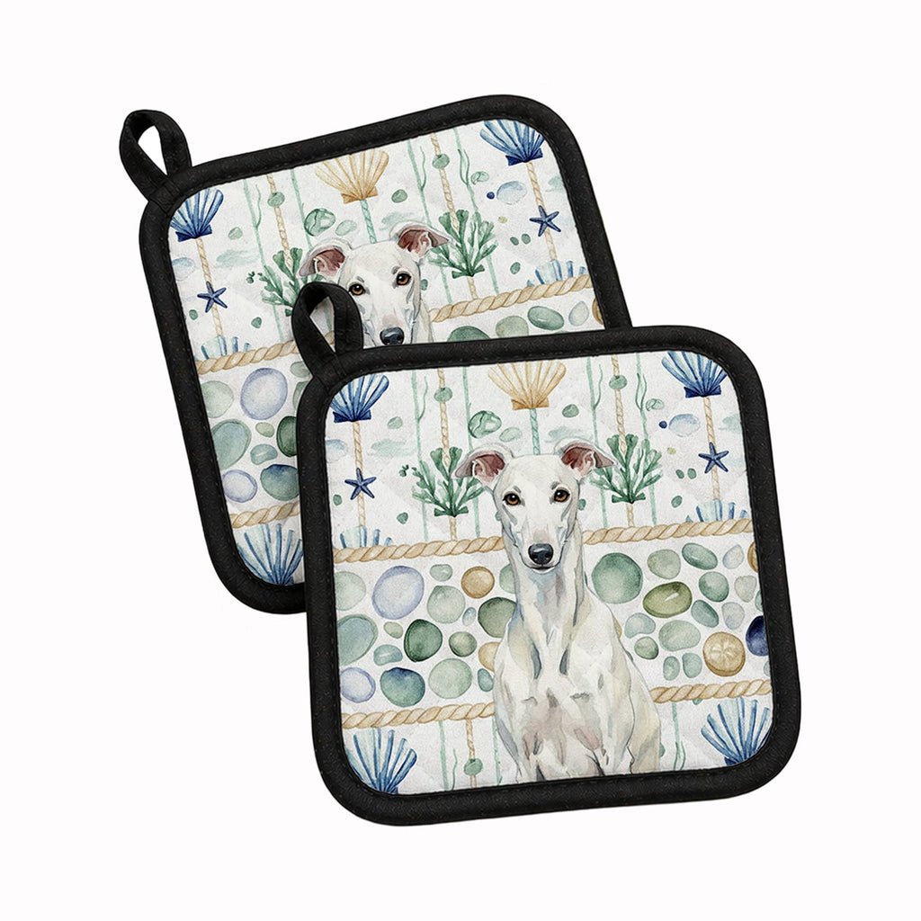 White Greyhound Coastal Sea Glass Pot Holder Set of 2 Heat Resistant Quilted Hot Pads 7.5 x 7.5 Inch, Insulated Kitchen Trivets for Cooking & Baking