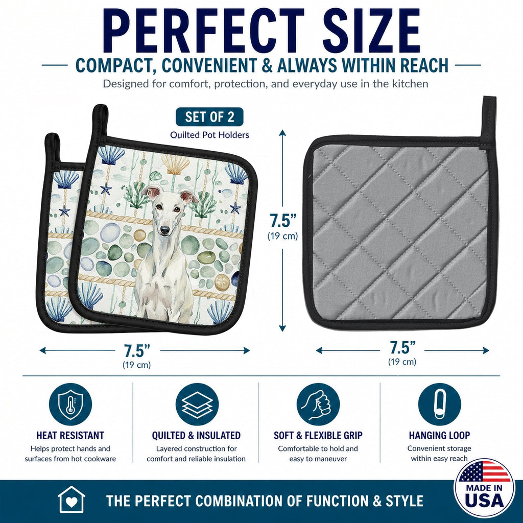 White Greyhound Coastal Sea Glass Pot Holder Set of 2 Heat Resistant Quilted Hot Pads 7.5 x 7.5 Inch, Insulated Kitchen Trivets for Cooking & Baking