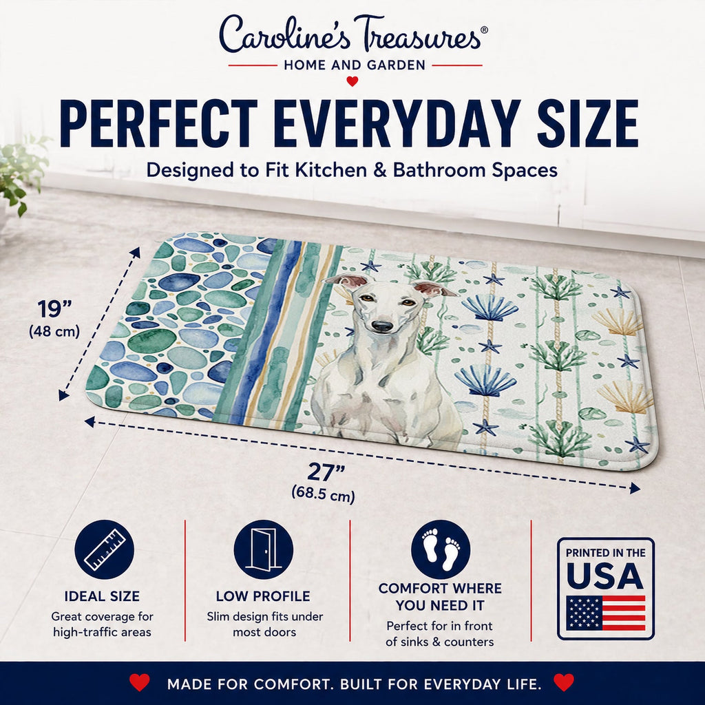 White Greyhound Coastal Sea Glass Memory Foam Kitchen Mat Machine Washable Anti-Fatigue Cushion Comfort Bath or Kitchen Rug
