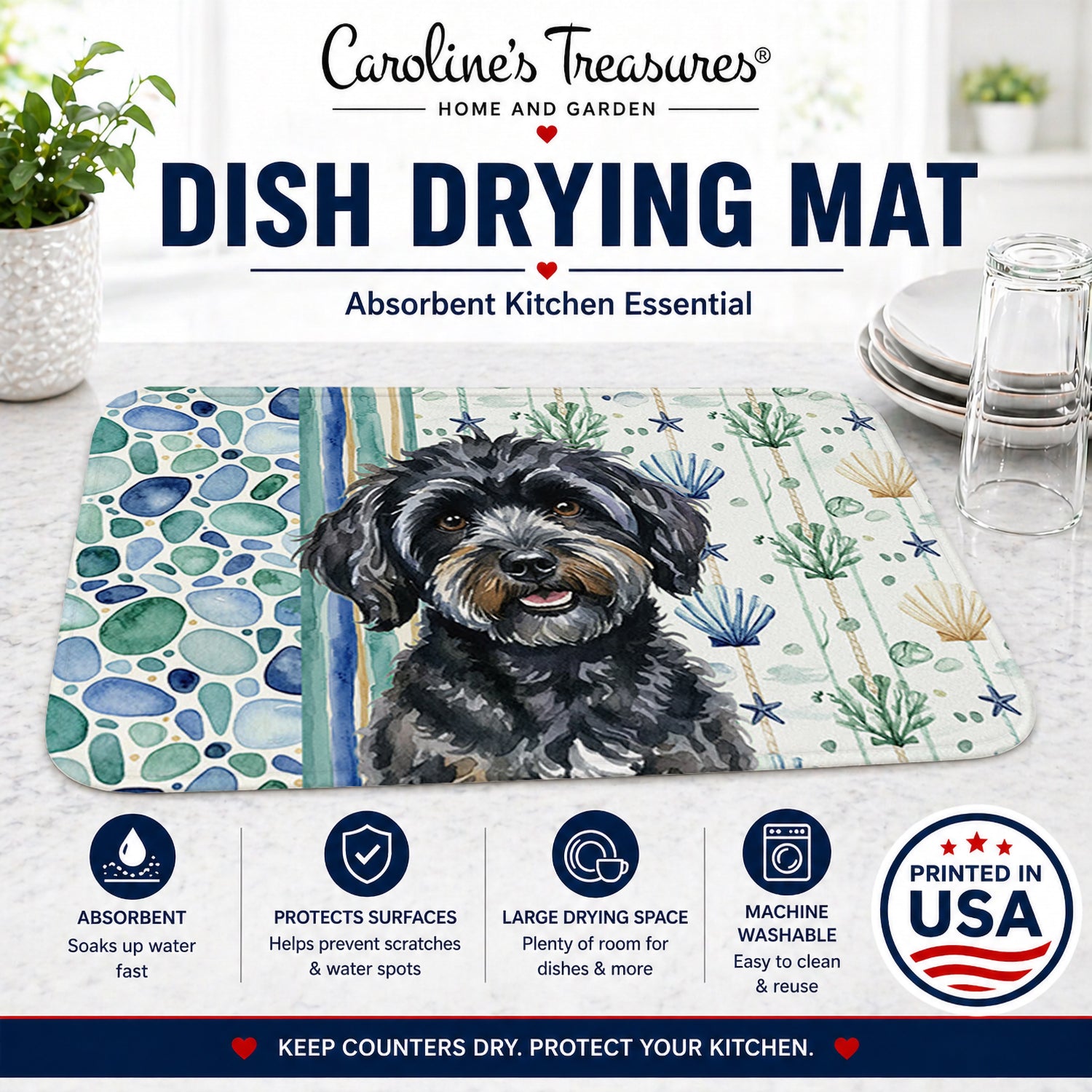 Black Havanese Coastal Sea Glass Dish Drying Mat Absorbent Dish Drying Mat Pad for Kitchen Counter Dish Drainer Mat for Countertop, 14 x 21", Multicolor