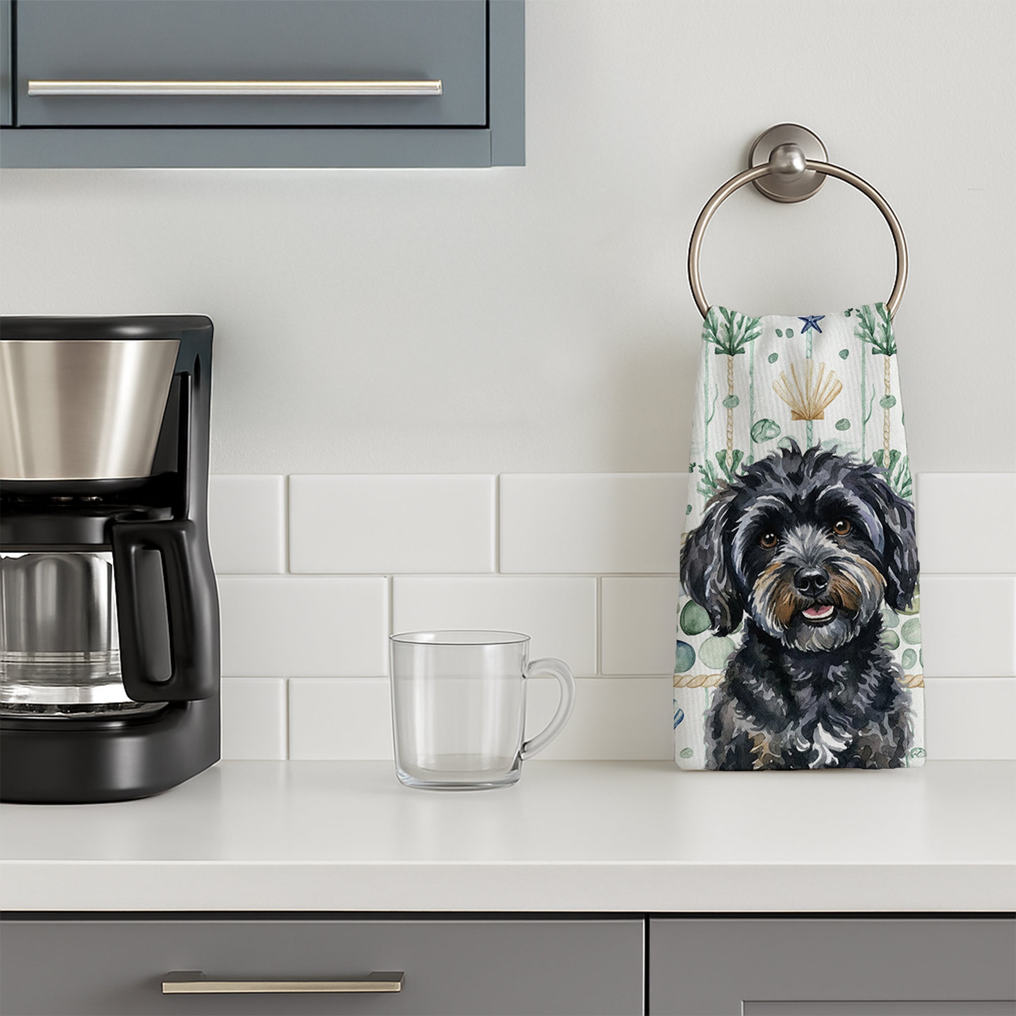 Black Havanese Coastal Sea Glass Kitchen Towel Velour Plush Front and Cotton Loop Back Machine Washable