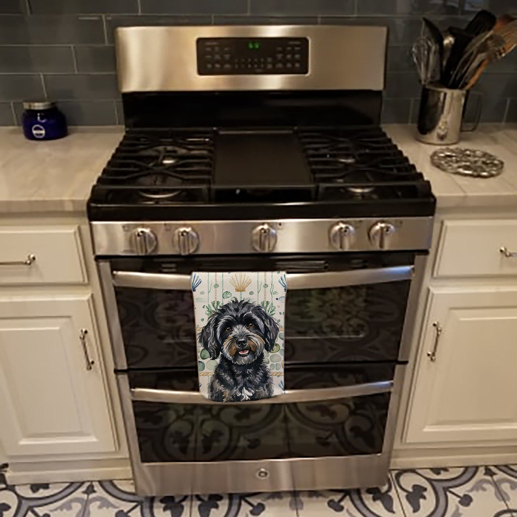 Black Havanese Coastal Sea Glass Kitchen Towel Velour Plush Front and Cotton Loop Back Machine Washable