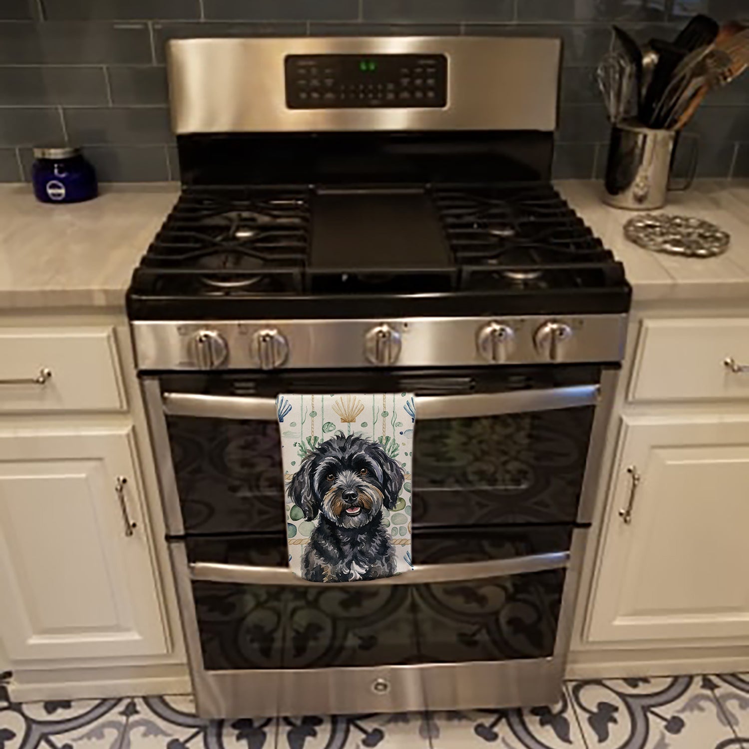 Black Havanese Coastal Sea Glass Kitchen Towel Velour Plush Front and Cotton Loop Back Machine Washable