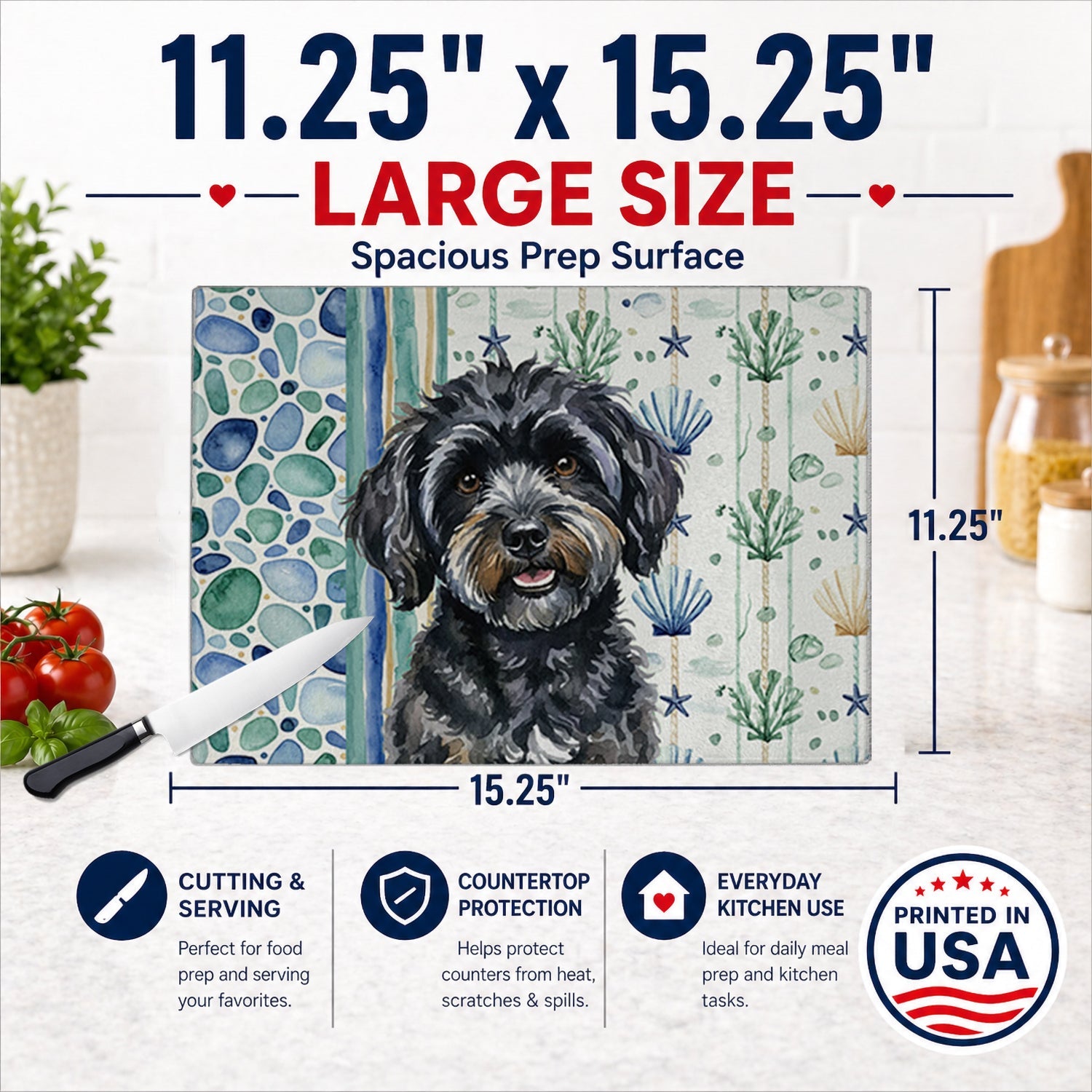 Black Havanese Coastal Sea Glass Cutting Board Tempered Glass Kitchen Cutting Surface, Heat Resistant Chopping, Non-Slip Feet, Food Prep & Serving