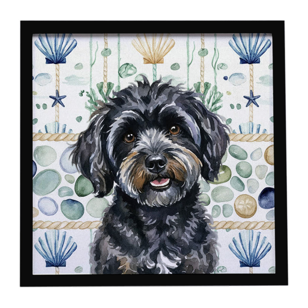 Black Havanese Coastal Sea Glass Framed Metal Print Bathroom, Kitchen, Office, Home Decor Wall Art Ready to Hang, Square, 8X8
