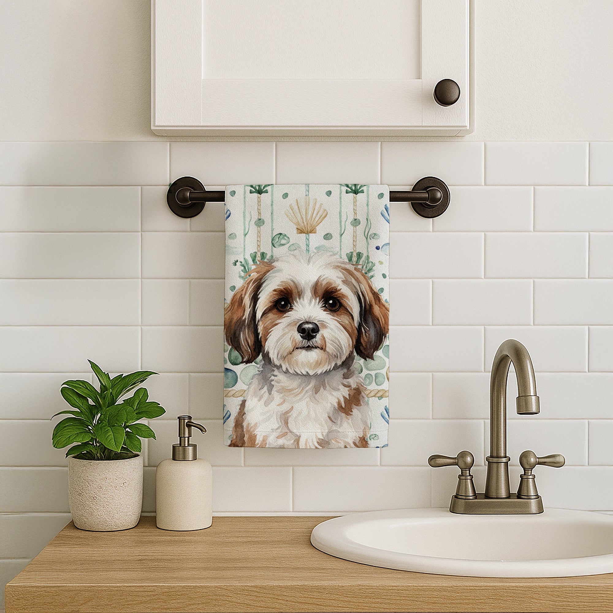 Parti-color Havanese Coastal Sea Glass Kitchen Towel Velour Plush Front and Cotton Loop Back Machine Washable