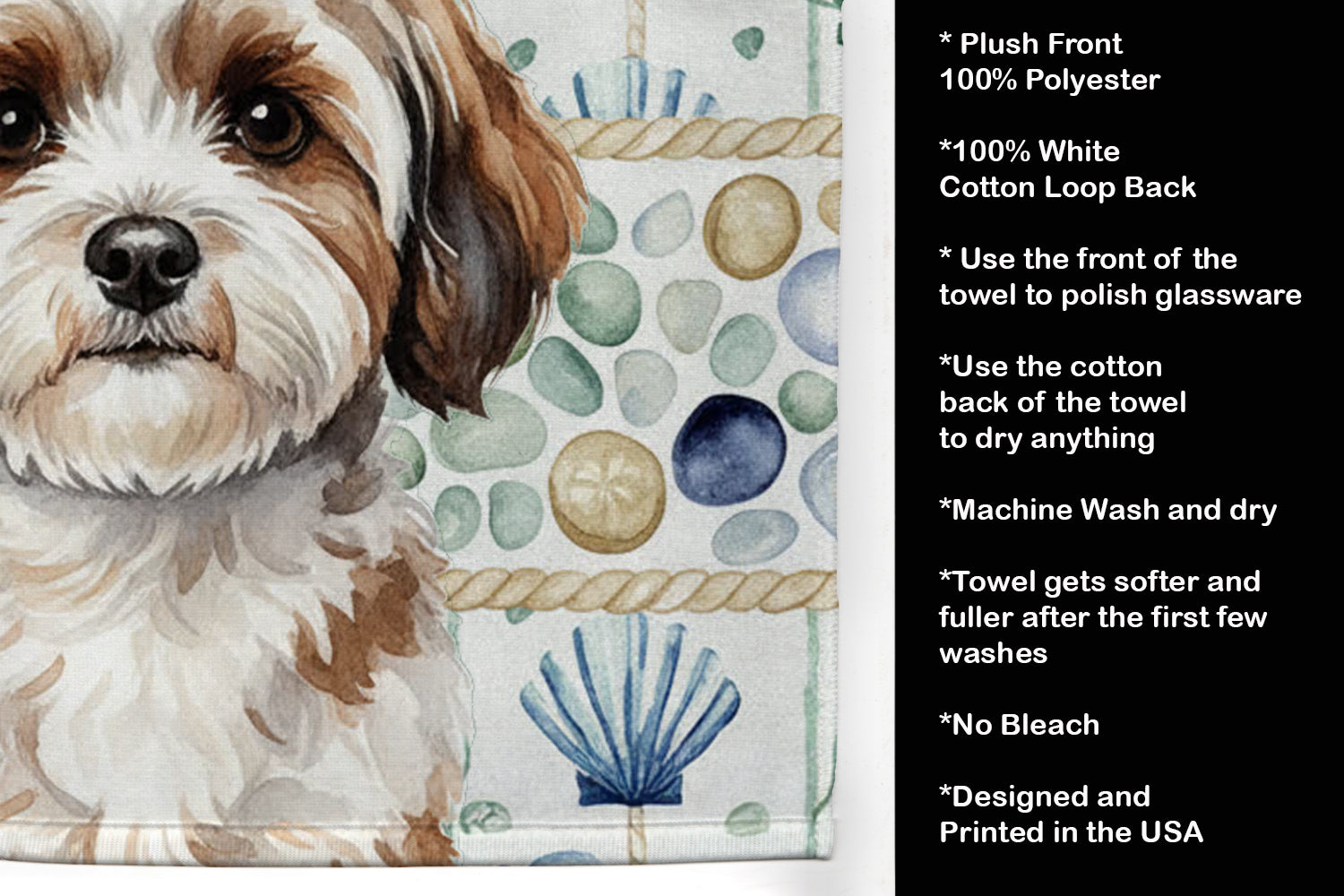 Parti-color Havanese Coastal Sea Glass Kitchen Towel Velour Plush Front and Cotton Loop Back Machine Washable
