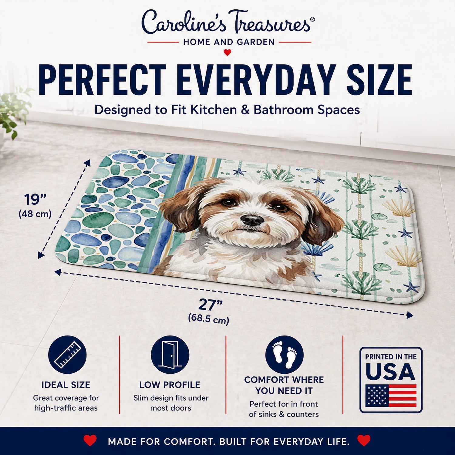 Parti-color Havanese Coastal Sea Glass Memory Foam Kitchen Mat Machine Washable Anti-Fatigue Cushion Comfort Bath or Kitchen Rug