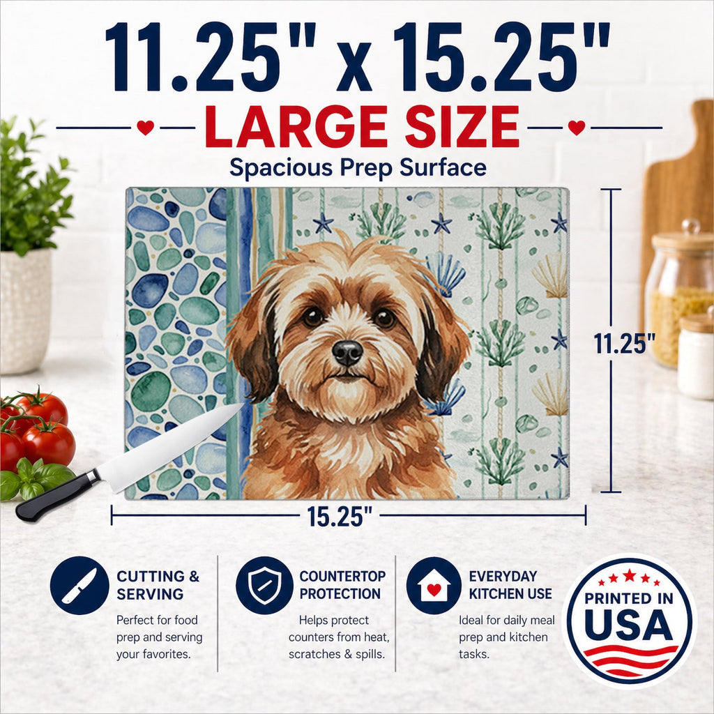 Sable Havanese Coastal Sea Glass Cutting Board Tempered Glass Kitchen Cutting Surface, Heat Resistant Chopping, Non-Slip Feet, Food Prep & Serving