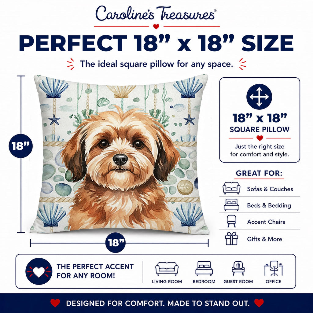 Sable Havanese Coastal Sea Glass Decorative Throw Pillow 18x18 Indoor Outdoor Accent Cushion, Fabric Cover with Insert for Sofa, Bed, Porch & Living Room