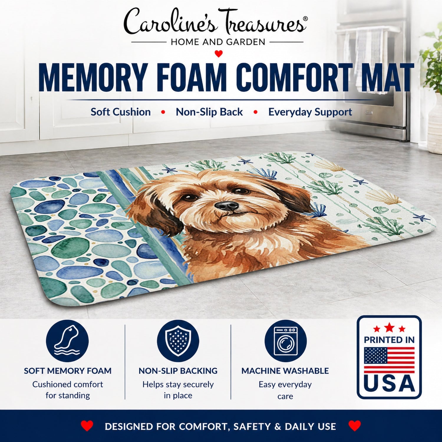 Sable Havanese Coastal Sea Glass Memory Foam Kitchen Mat Machine Washable Anti-Fatigue Cushion Comfort Bath or Kitchen Rug