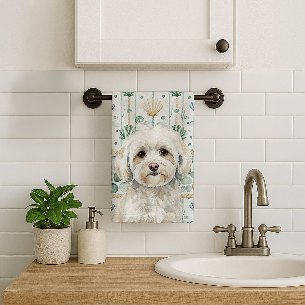 White Havanese Coastal Sea Glass Kitchen Towel Velour Plush Front and Cotton Loop Back Machine Washable