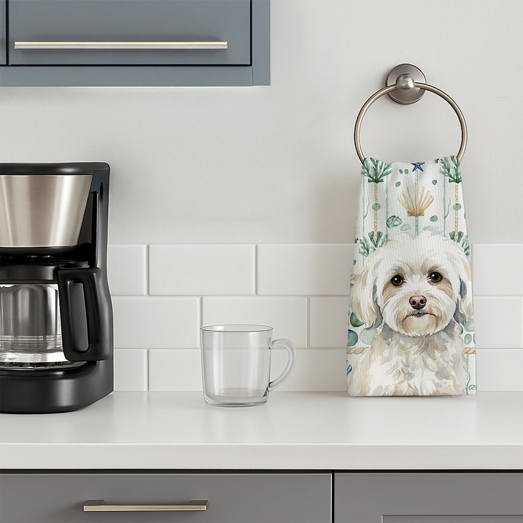 White Havanese Coastal Sea Glass Kitchen Towel Velour Plush Front and Cotton Loop Back Machine Washable