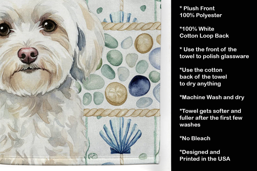 White Havanese Coastal Sea Glass Kitchen Towel Velour Plush Front and Cotton Loop Back Machine Washable