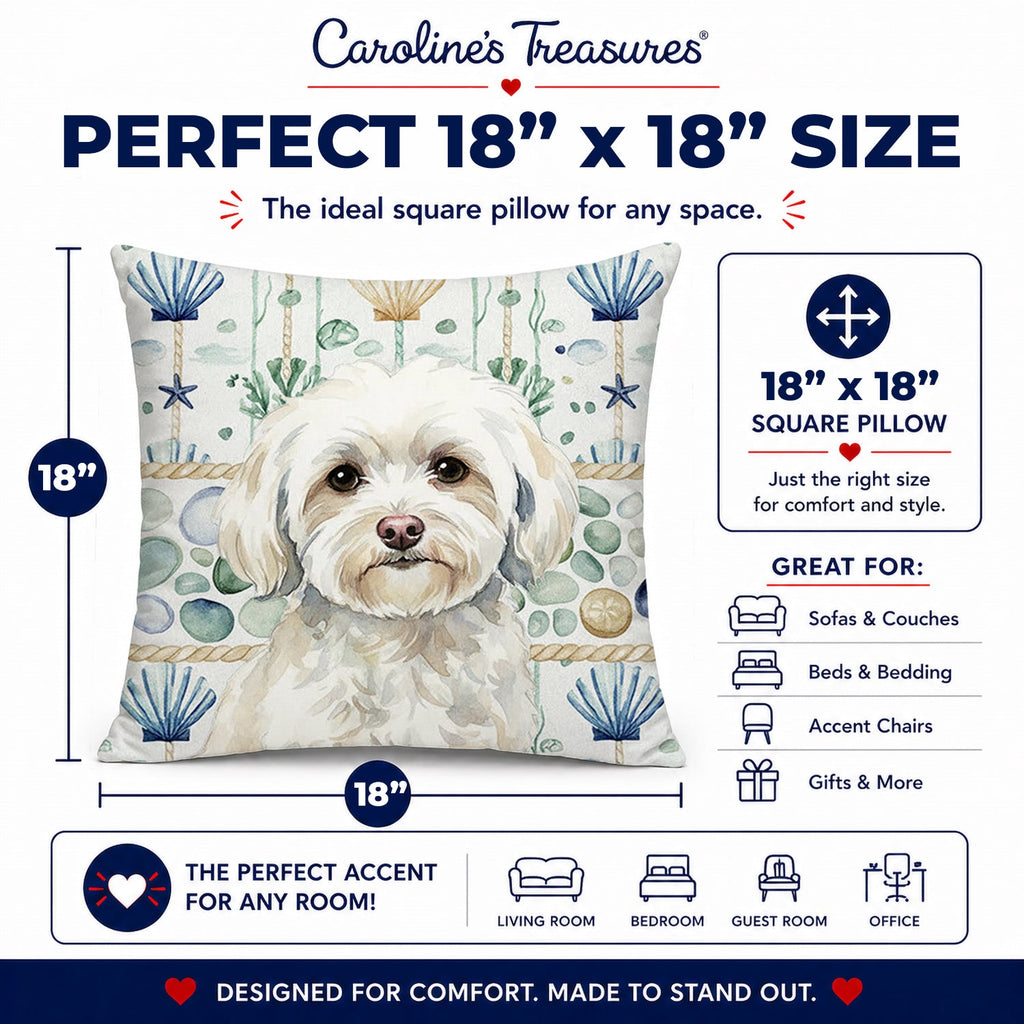 White Havanese Coastal Sea Glass Decorative Throw Pillow 18x18 Indoor Outdoor Accent Cushion, Fabric Cover with Insert for Sofa, Bed, Porch & Living Room
