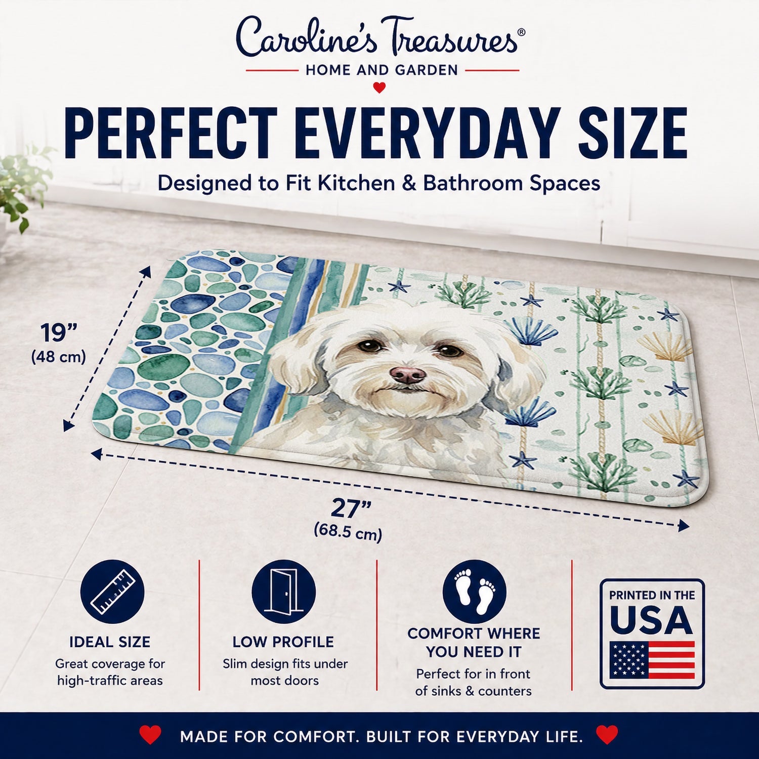 White Havanese Coastal Sea Glass Memory Foam Kitchen Mat Machine Washable Anti-Fatigue Cushion Comfort Bath or Kitchen Rug