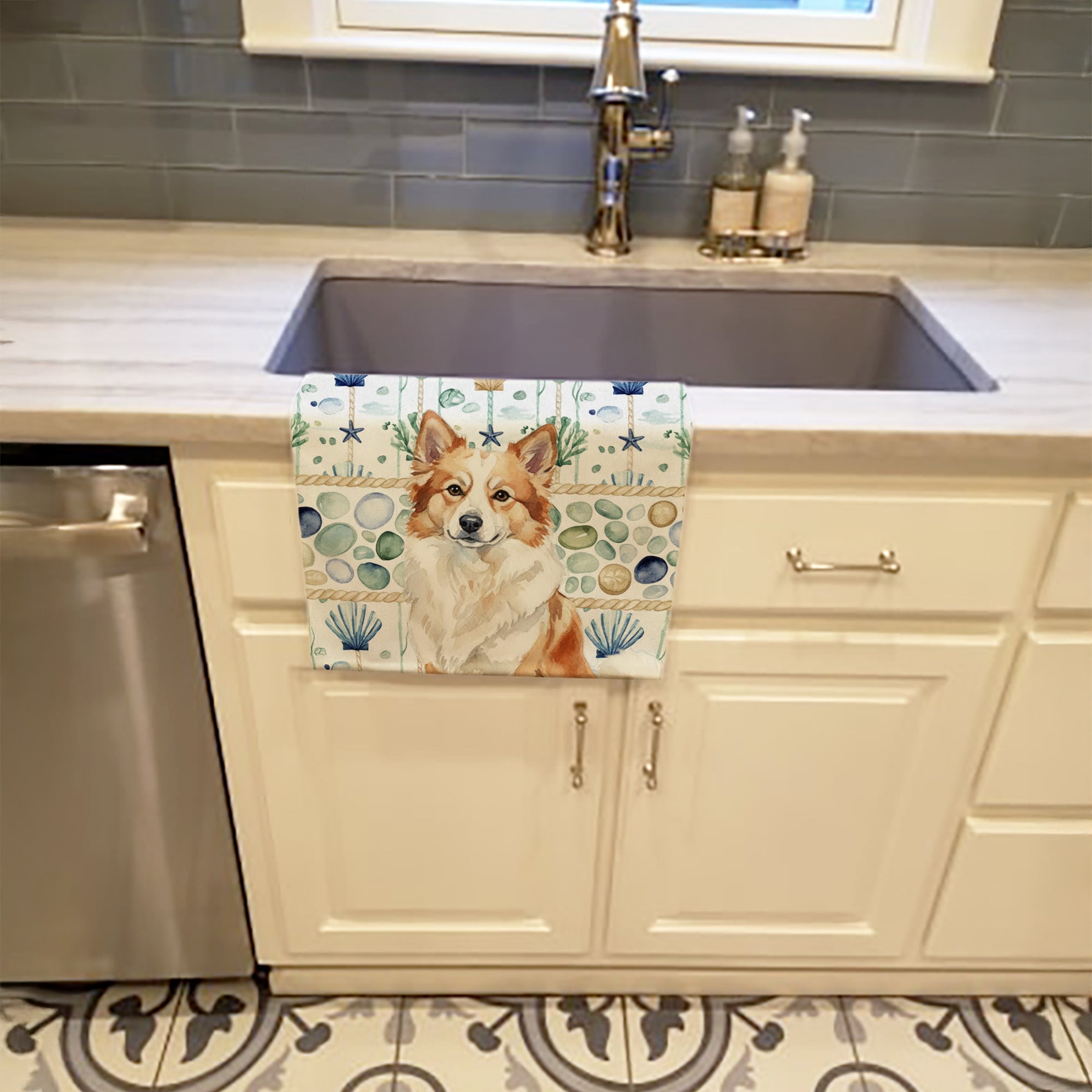 Tan Icelandic Sheepdog Coastal Sea Glass Kitchen Towel Velour Plush Front and Cotton Loop Back Machine Washable