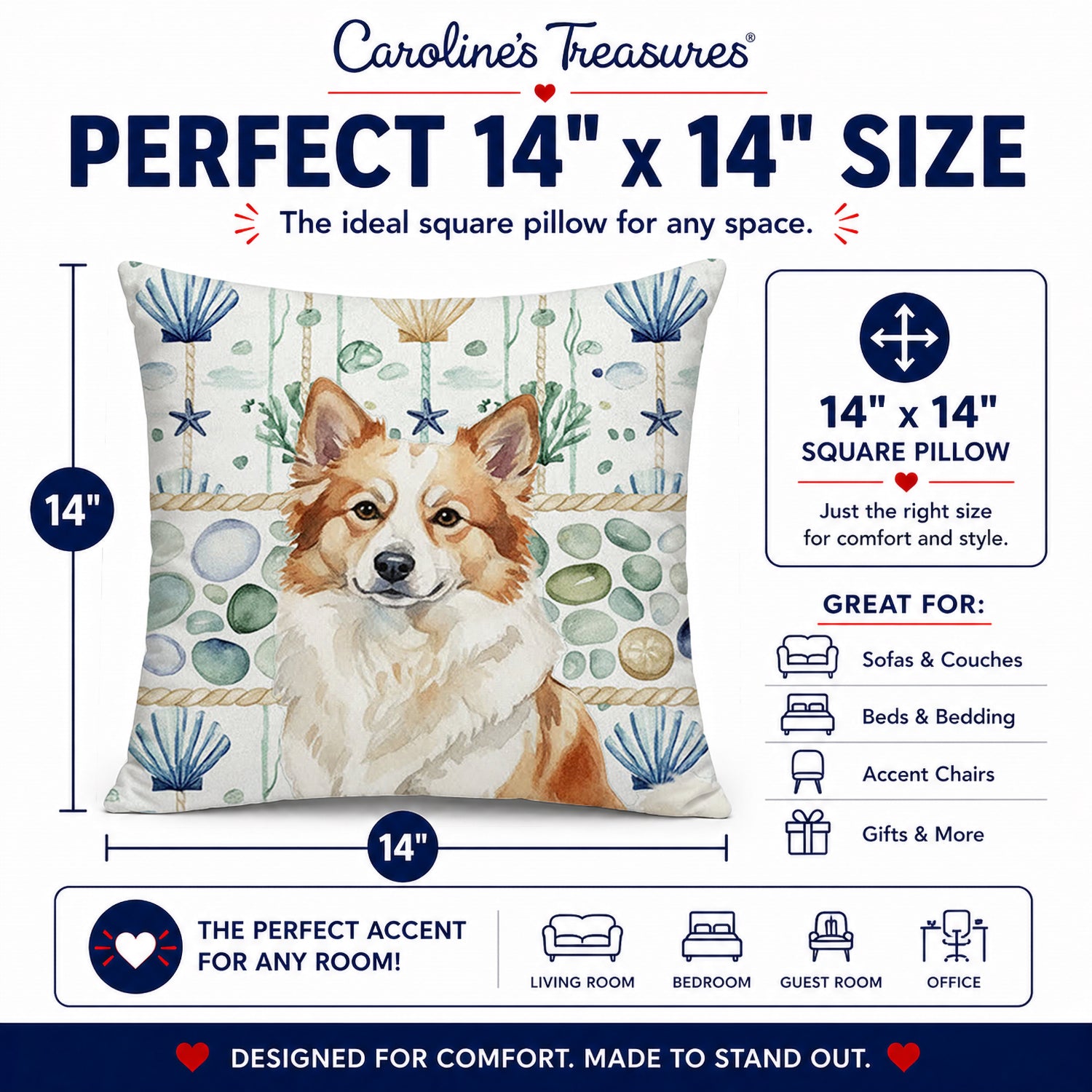 Tan Icelandic Sheepdog Coastal Sea Glass Decorative Throw Pillow 14x14 Indoor Outdoor Accent Cushion, Fabric Cover with Insert for Sofa, Bed, Porch & Living Room