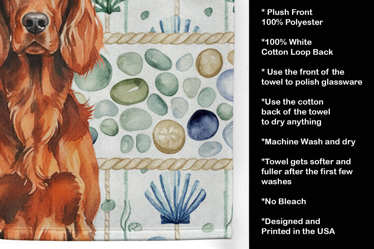 Irish Setter Coastal Sea Glass Kitchen Towel Velour Plush Front and Cotton Loop Back Machine Washable