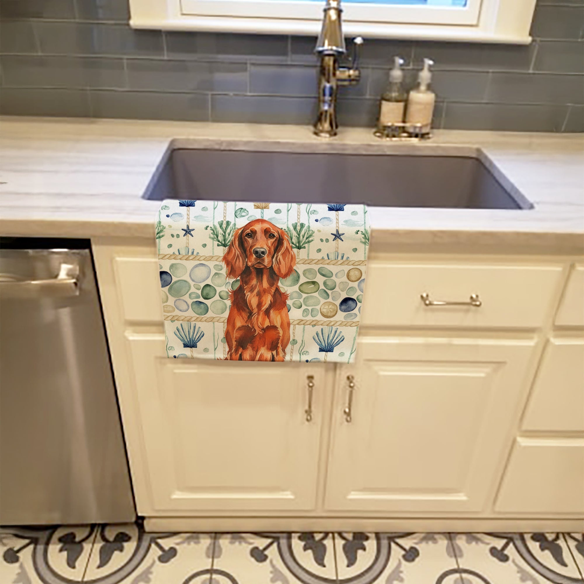 Irish Setter Coastal Sea Glass Kitchen Towel Velour Plush Front and Cotton Loop Back Machine Washable